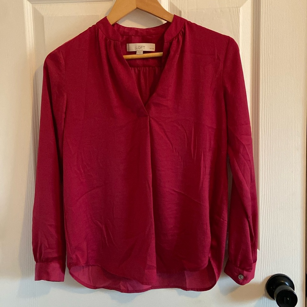 Loft Womens Burgundy Red Blouse Pleated V Neckline